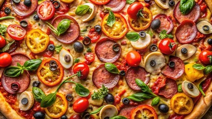 Fototapeta premium Delicious Close-Up of Freshly Baked Pizza Topped with Salami, Sliced Tomato, Olives, Basil, and Colorful Peppers Ready to Be Served for a Perfect Meal Experience
