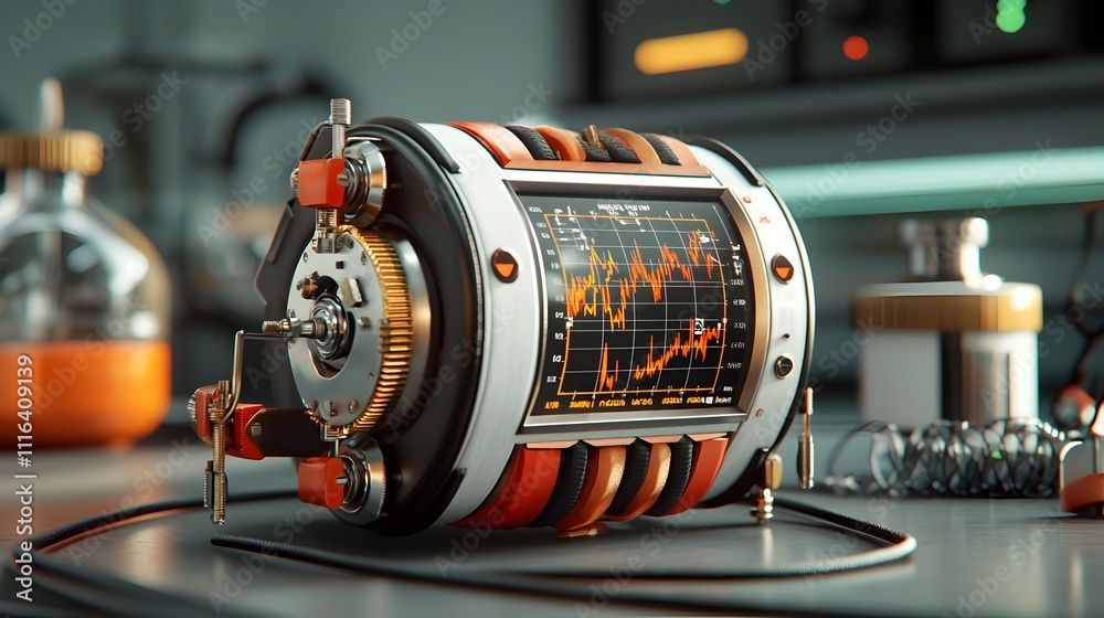 Poster highly detailed and digital rendering of an advanced seismograph instrument displaying precise measu