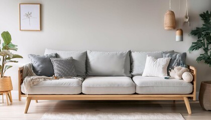 A Scandinavian-style sofa bed with light gray upholstery and wooden armrests