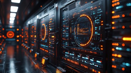 Modern server room with rows of servers and a close-up of a screen displaying a visual representation of a firewall protecting the data. High-quality, clear focus on the firewall graphics.