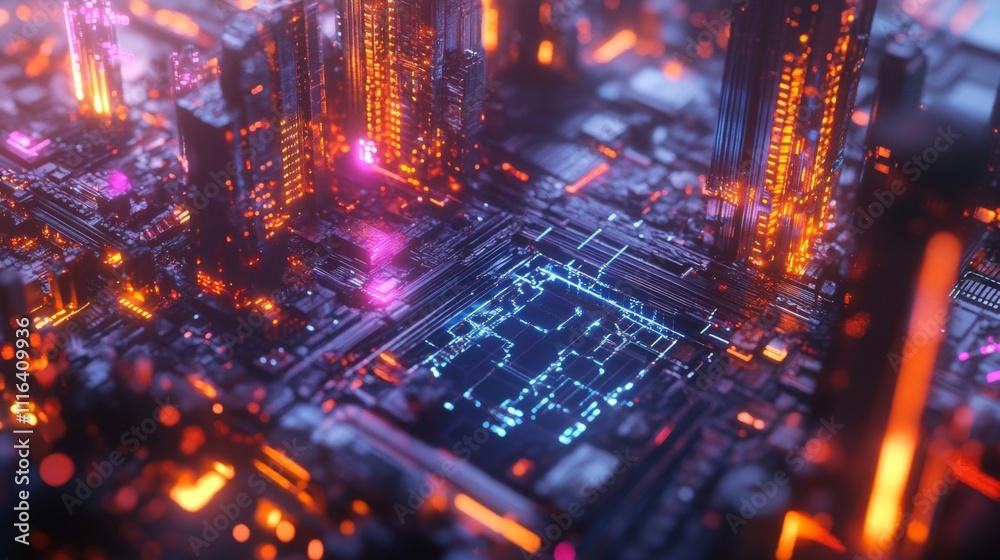 Aufkleber futuristic cityscape with neon lights and circuit patterns