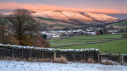 A Snowy Village Nestled at the Foot of a Snow-Covered Mountain Range