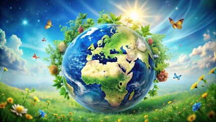 Naklejka premium Happy Earth Day and Lush Greenery and Colorful Butterflies Amidst a Bright Sunny Sky with Flowers Blooming in a Beautiful Landscape