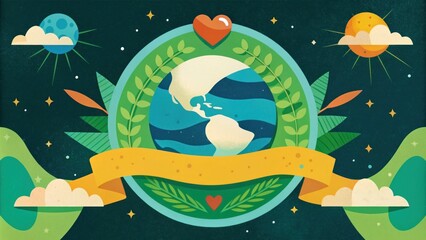 Fototapeta premium Happy Earth Day Illustration of Planet Earth Surrounded by Nature Elements, Heart Motif, and Symbolic Banner Representing Environmental Awareness and Love for the Planet
