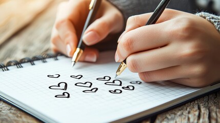 A person drawing small hearts in a notebook with two pens, showcasing creativity and affection.