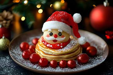 Delicious kids dessert for christmas Sanata claus pancakes. High quality photo