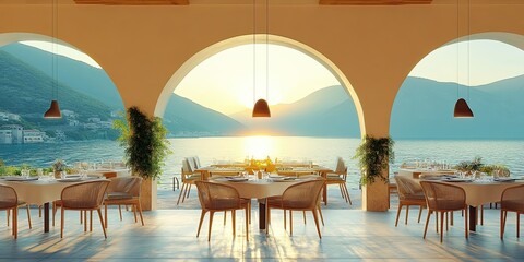 Obraz premium light yellow and cream arch rooftop restaurant with beautiful mountain and blue sea on sunset view 