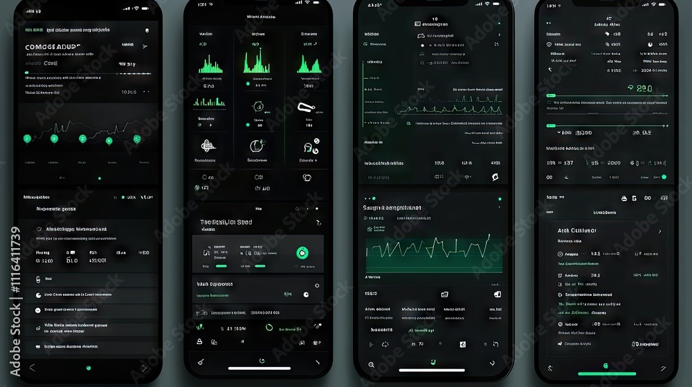 Poster dark green app interface displaying data analytics and metrics