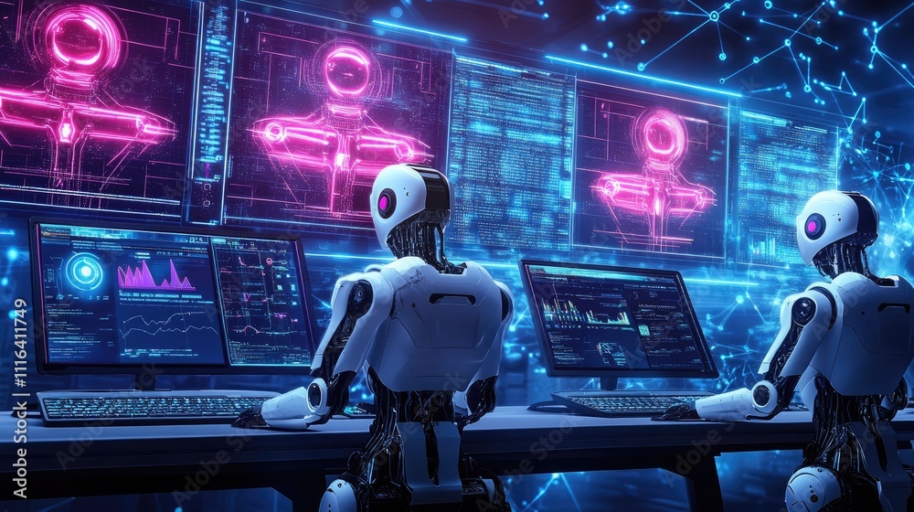 Poster futuristic robots analyzing data in high-tech control room environment
