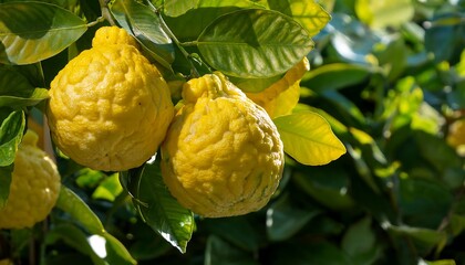 Fototapeta premium Bergamot fruit clusters on a tree, showcasing bright yellow skin against lush green leaves in a sunny environment.