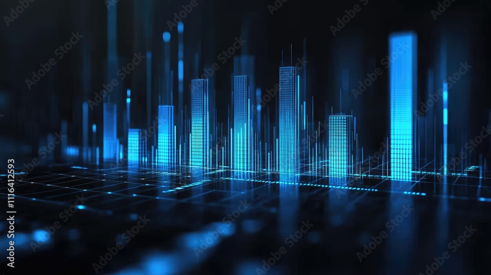 Poster abstract digital data visualization with blue bars and grid lines