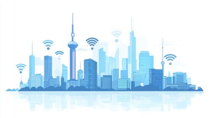 Obraz premium Modern City Skyline with Wireless Connectivity Icons in Blue Tones