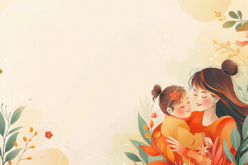 Fototapeta premium mother holds her daughter in her arms, hugging and smiling, there is empty space for text on the side, drawn leaves and flowers and a beige background