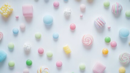 Fototapeta premium Assorted pastel candies arranged on a white background