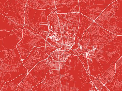Christmas Map of Belgorod, Russia in Snowy White on Festive Red Background.