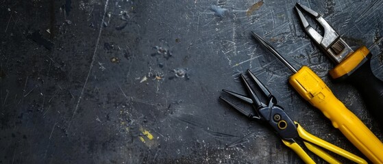 Tools with black and yellow handles rest on a worn, dark surface, symbolizing industry, craftsmanship, and hands-on skill in a work-centric environment.