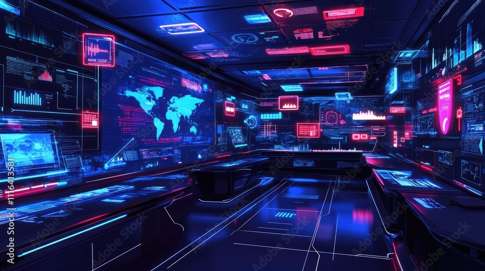Poster futuristic data visualization room with interactive interfaces