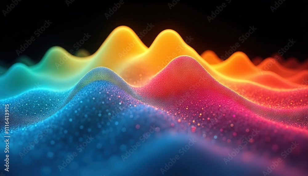 Poster abstract colorful wave pattern with textured peaks in a dark background, resembling a rainbow landsc