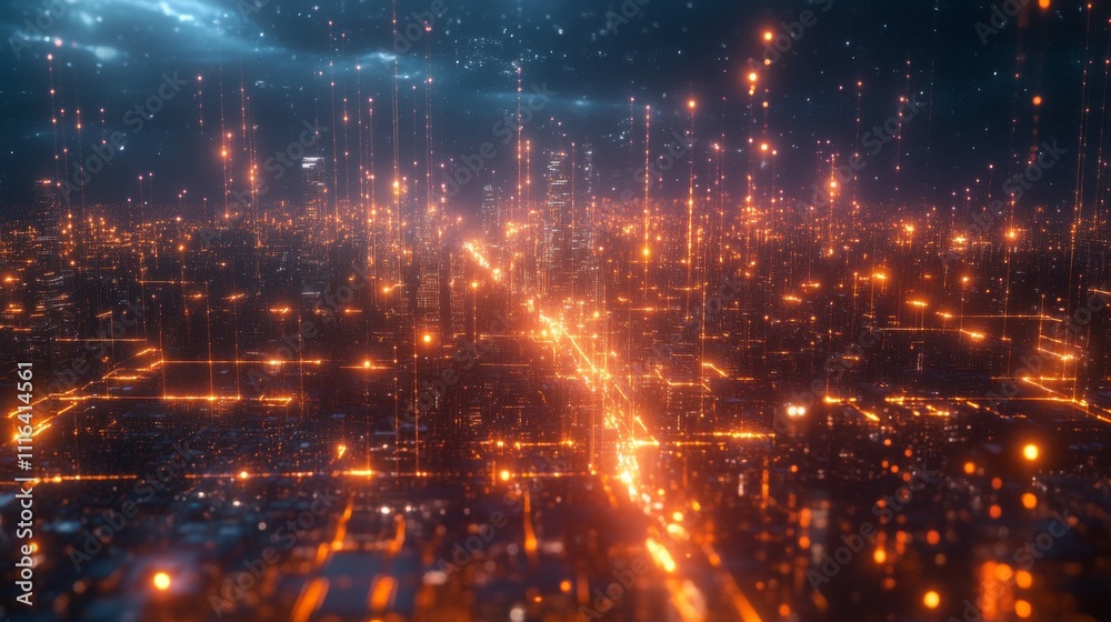 Aufkleber futuristic cityscape with glowing lines and data streams at night