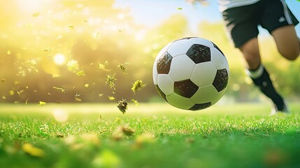 Naklejka premium Action Shot of Soccer Player Kicking Ball on Vibrant Grass Field