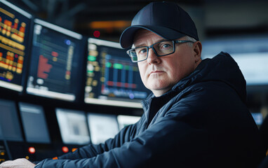 Fototapeta premium A man wearing a black hat and glasses is sitting in front of a computer monitor