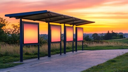 Fototapeta premium Sunset View of Bus Shelter with Blank Advertising Panels at Dusk