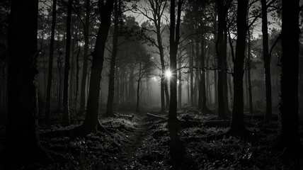 Fototapeta premium magical lights sparkling in mysterious fores monocrome