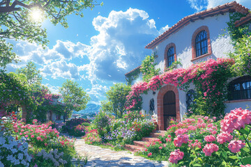 Naklejka premium Picturesque house with blooming garden on sunny day.