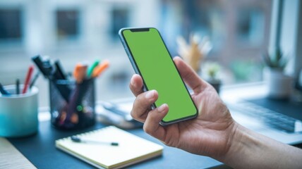 A hand holding a smartphone with a green screen, set on a desk with office supplies.