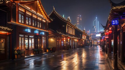 Obraz premium Serene Night in Historic Chinese Street with Bright Lanterns and Lights