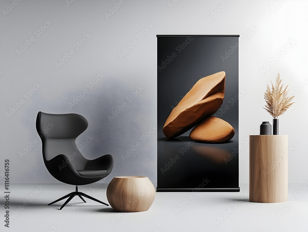 Poster sleek and modern roll up banner display with sharp edges and clean geometry in a bright and airy stu