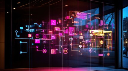 Obraz premium Futuristic digital network interface projected onto a glass wall at night.