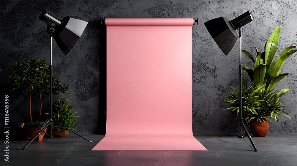 Poster empty sleek minimalist roll up stand in dramatically lit studio setting with cinematic lighting angu