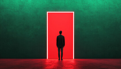 Obraz premium A silhouette of a person stands before a bright red door framed by a green wall, evoking themes of mystery and choice.