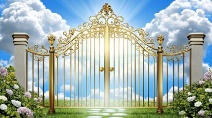 Fototapeta premium Stunning Golden Gate Under Bright Sky Surrounded by Flowers