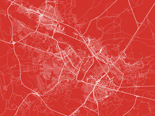 Christmas Map of Bryansk, Russia in Snowy White on Festive Red Background.