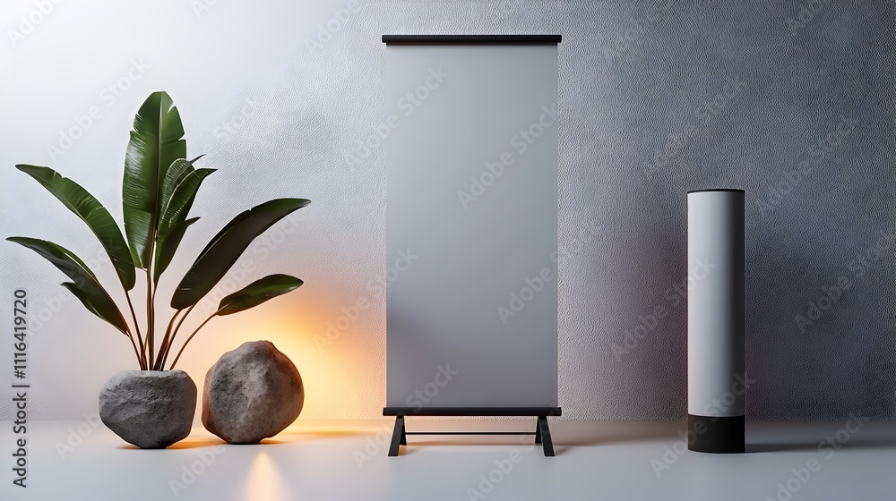 Poster empty roll up banner stand in a simple well lit studio setting with a minimalist clean design and so