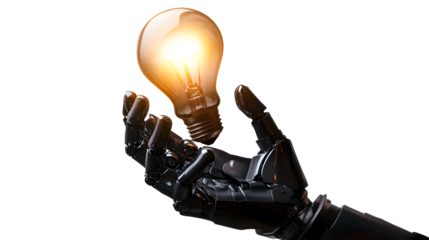 Robotic hand holding a glowing light bulb to symbolize innovation, light bulb in hand on transparent background png