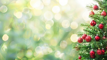 hristmas panoramic design with a festive tree, red ornaments, glowing blurred lights, and a soft green background, perfect for holiday banners, seasonal decorations, or greeting cards.