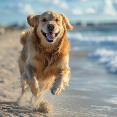 A joyful golden retriever runs energetically along the sandy beach, with waves crashing in the background, evoking a sense of freedom and happiness, ideal for pet-related marketing, blogs