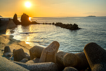 Meoto Iwa, or Married Couple Rocks, the couple rocks represent as the wedded couple in the Nomozaki area, the southern part of Nagasaki city in Kyushu, Japan