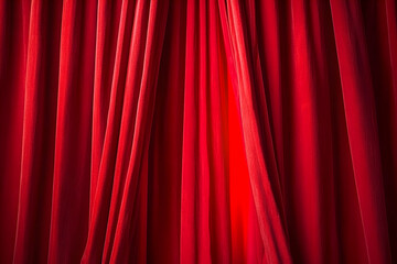 Fototapeta premium Red velvet curtains slightly parted, revealing a brighter background.