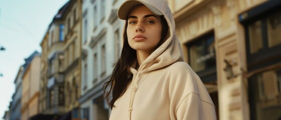 Obraz premium A young woman in a beige hoodie and cap stands confidently against a backdrop of urban architecture, blending street style with modern elegance.