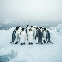 Obraz premium A group of emperor penguins stands together on a snowy landscape, surrounded by icy waters and fog, This image can be used for nature documentaries, educational materials