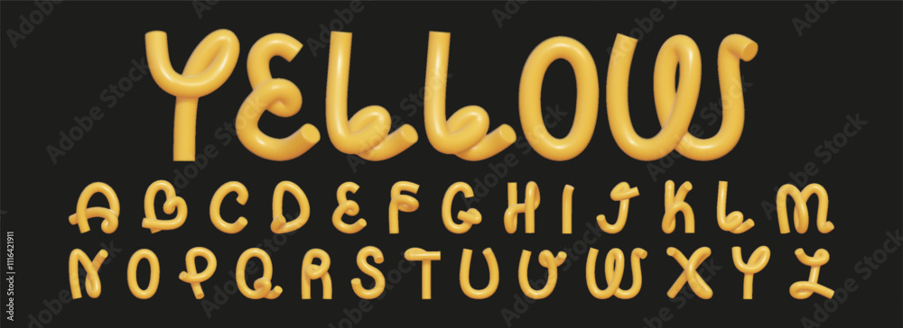 Fototapete 3d font in the shape of a curved rubber hose. a creative set of 3d english letters with a reflective