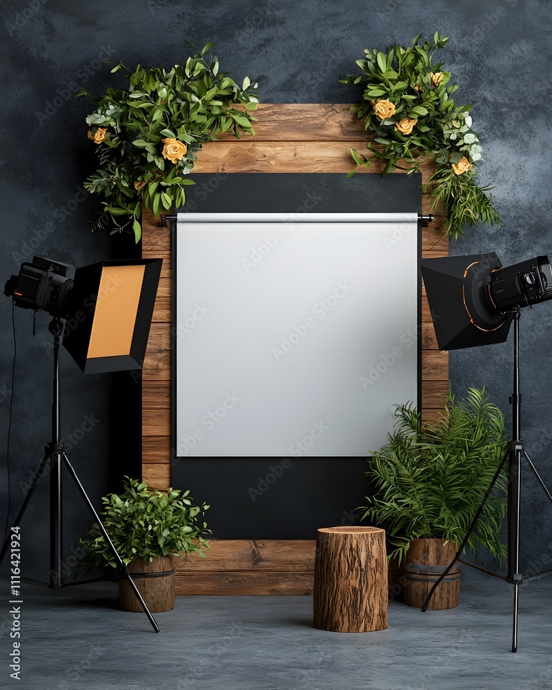 Poster minimalist studio setting featuring a blank roll up banner with clean lines negative space and a mon