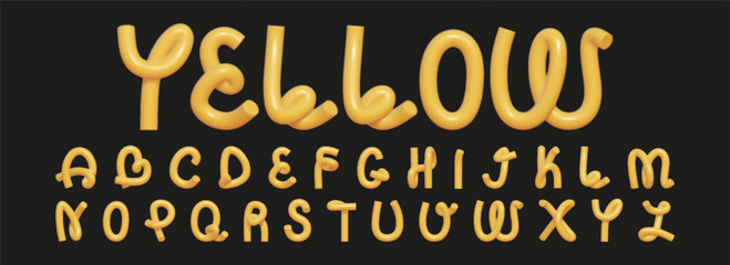 3D font in the shape of a curved rubber hose. A creative set of 3D English letters with a reflective yellow texture.