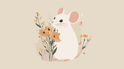 Charming Mouse with Bouquet of Flowers - Flat Vector Illustration