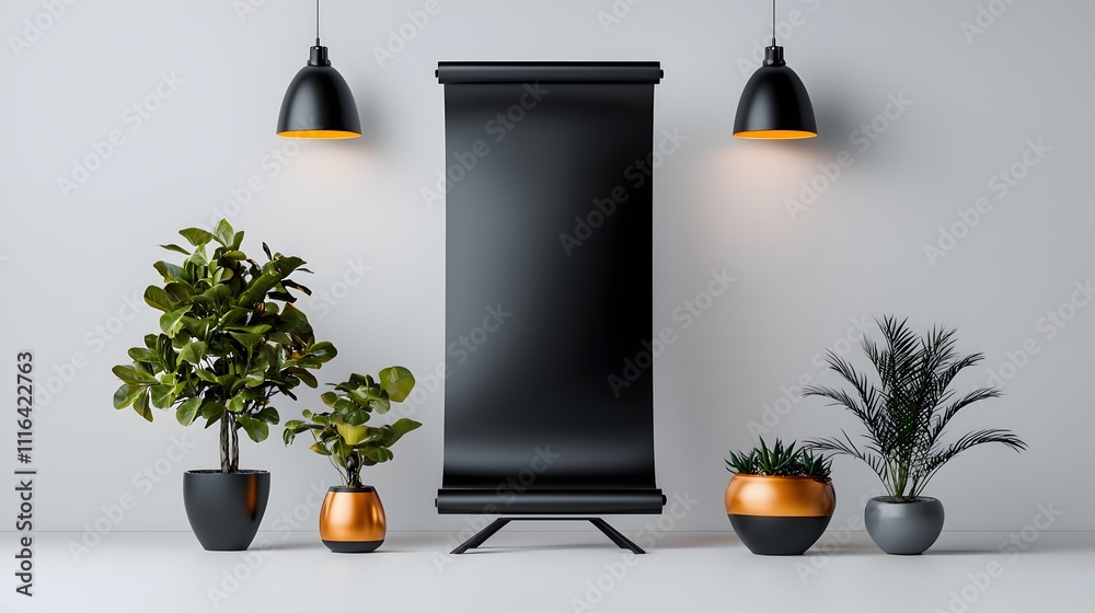 Poster minimalist and modern studio setting featuring an empty roll up banner with focused lighting and a c