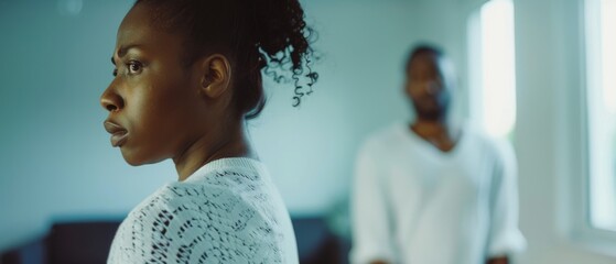 A tense moment unfolds between a couple in a softly lit room, emotions running high and unspoken words lingering.